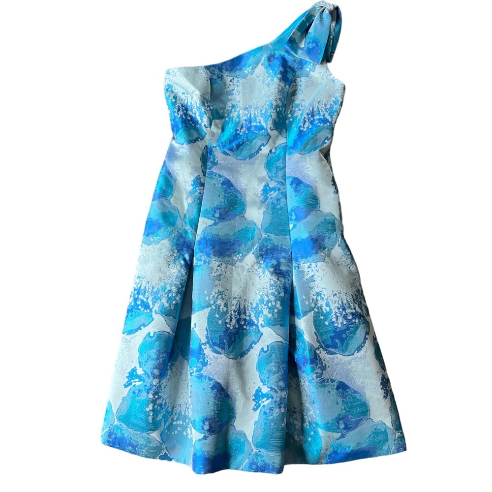 Bigio blue metallic jacquard one shoulder bow fit & flare dress size 10